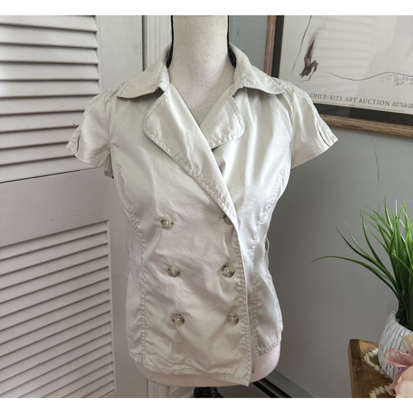 ANN TAYLOR Womens Jacket 2 Khaki Double Breasted Short Sleeve Safari Preppy - Picture 1 of 8